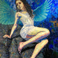 A painting of a winged woman kneeling on the ground with her arms outstretched and her face blurred. The wings and the background are in shades of blue and green.
