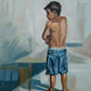 A painting of small boy in blue shorts standing in the fountains at Gateway Mall in downtown Salt Lake City