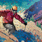 A colorful painting of a skier in action on a mountain slope with trees and mountains in the background.
