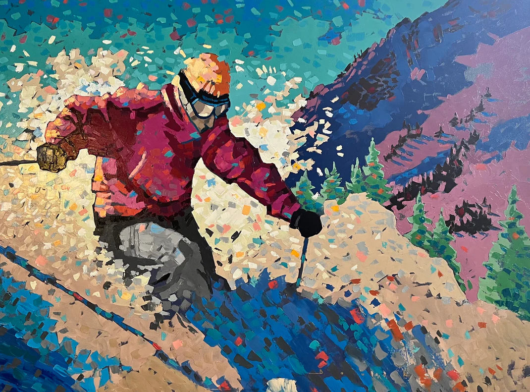 A colorful painting of a skier in action on a mountain slope with trees and mountains in the background.