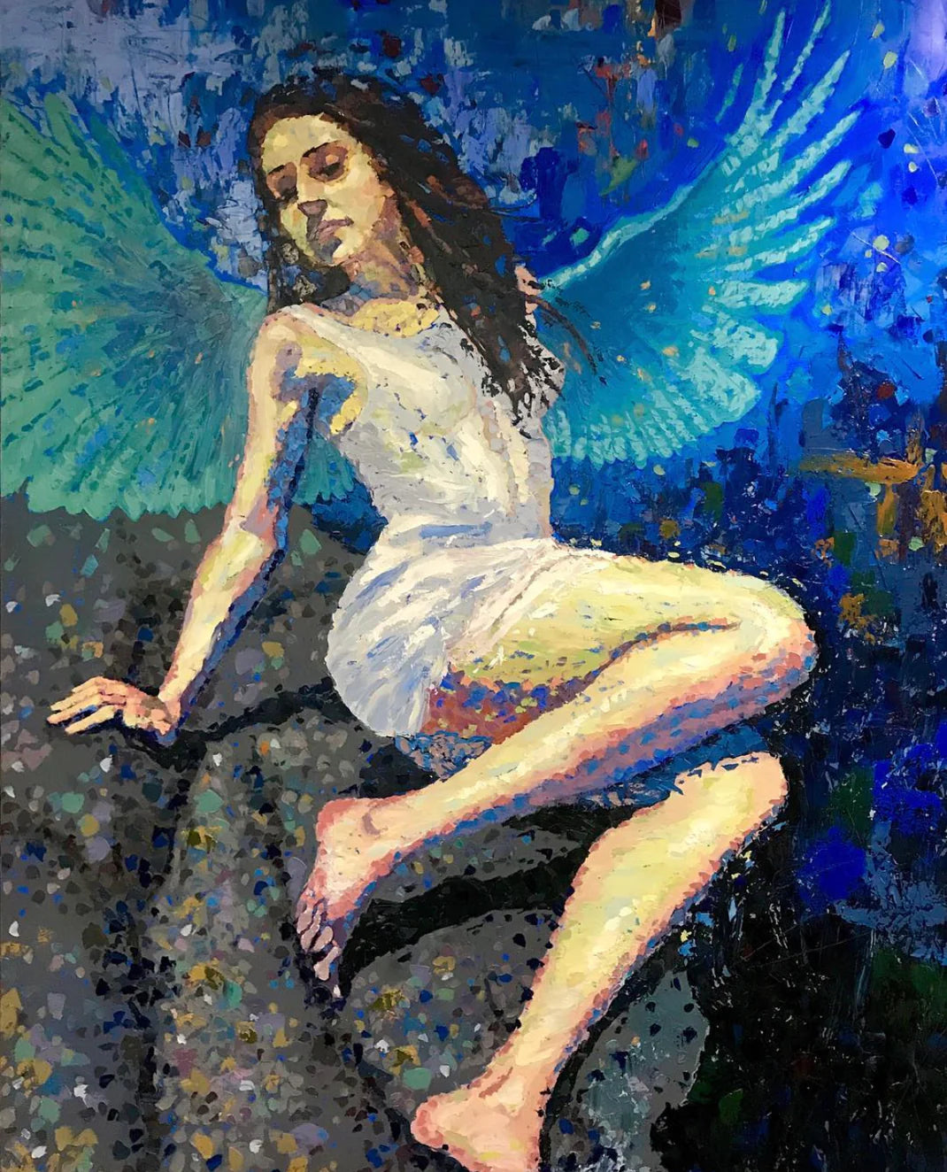 A painting of a winged woman kneeling on the ground with her arms outstretched and her face blurred. The wings and the background are in shades of blue and green.