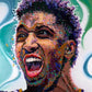 Digital painting of NBA player Donovan Mitchell with a purple and green background and confetti-like details on his hair.