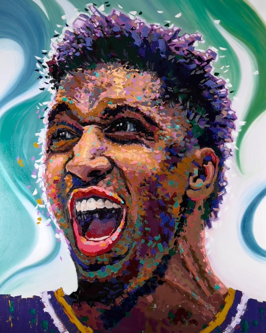 Digital painting of NBA player Donovan Mitchell with a purple and green background and confetti-like details on his hair.
