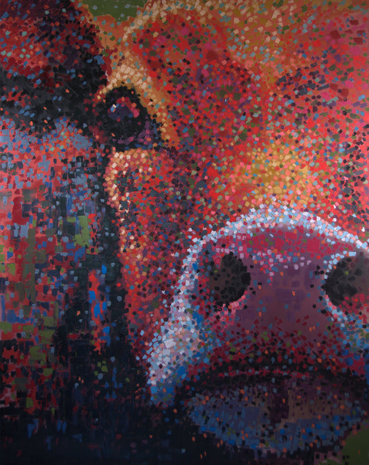 Abstract painting of a cow’s face in red, orange, and blue tones with a pixelated effect.