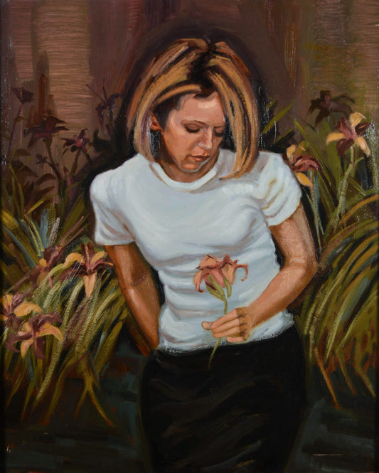Painting of a beautiful girl Amy Bouck holding a flower in a garden in Jackson Hole, Wyoming