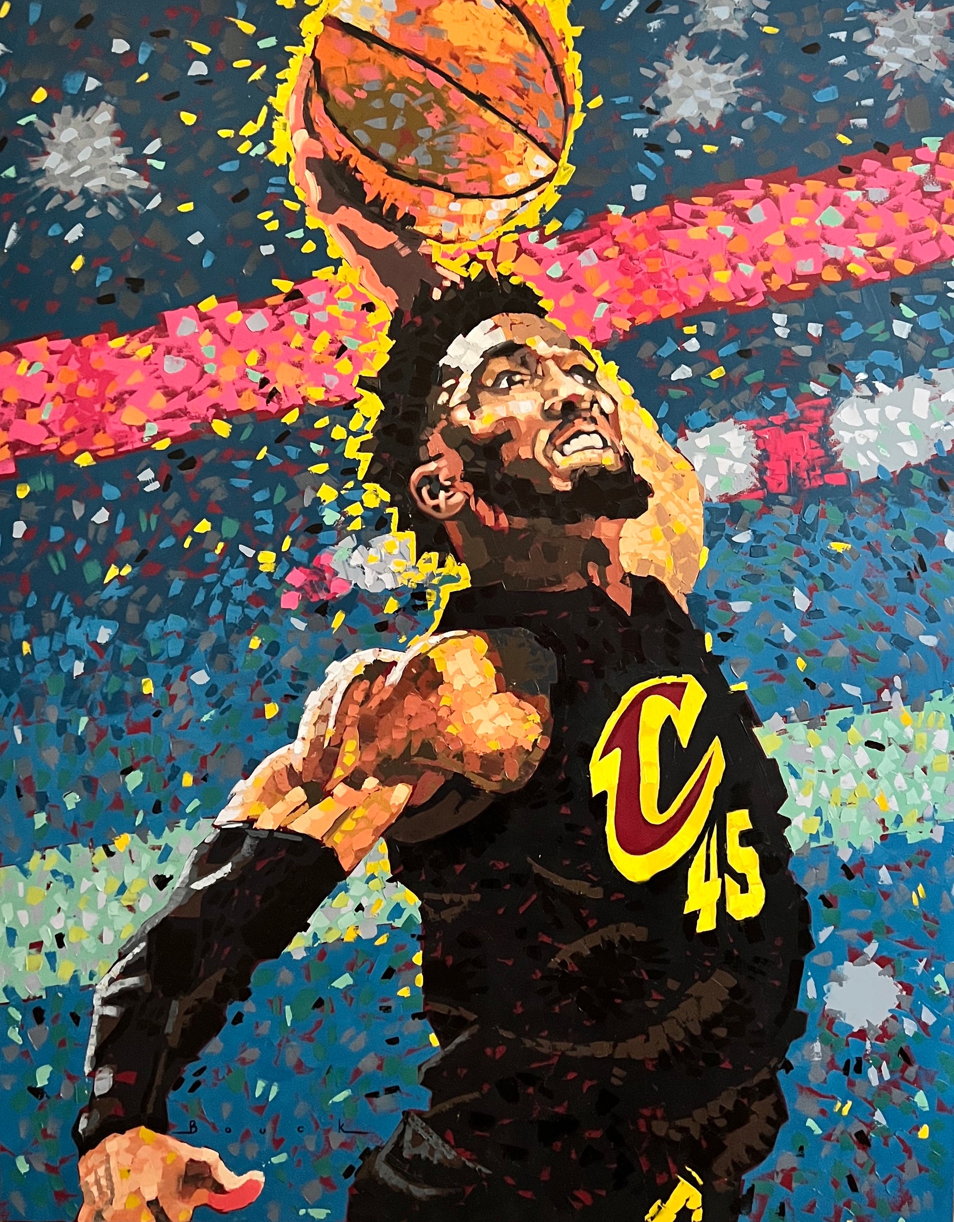 Donovan Mitchell, NBA basketball player, in a colorful painting with a basketball in hand and wearing a Cleavland Cavaliers jersey.