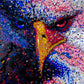 A patriotic abstract painting of an American Eagle with red, white, and blue colors on its face.