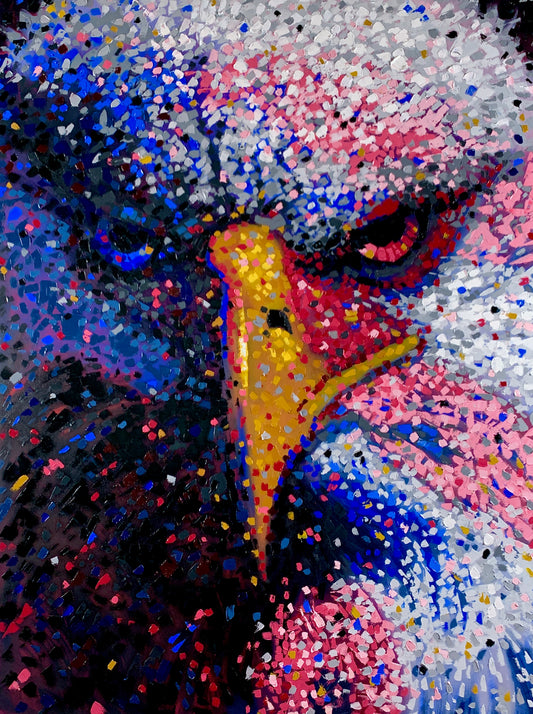 A patriotic abstract painting of an American Eagle with red, white, and blue colors on its face.