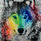  colorful abstract painting of a wolf’s face with blue eyes and a black nose.