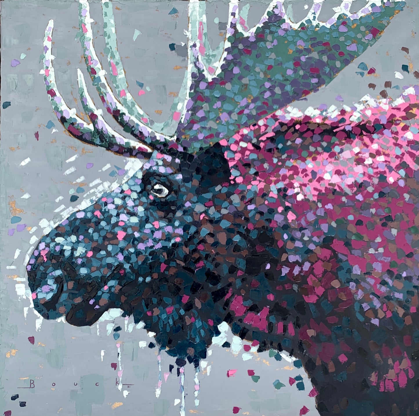 Abstract painting of a moose with pink and blue colors on a gray background. Color Chorded to the music and chord progression of Angels by Robbie William 