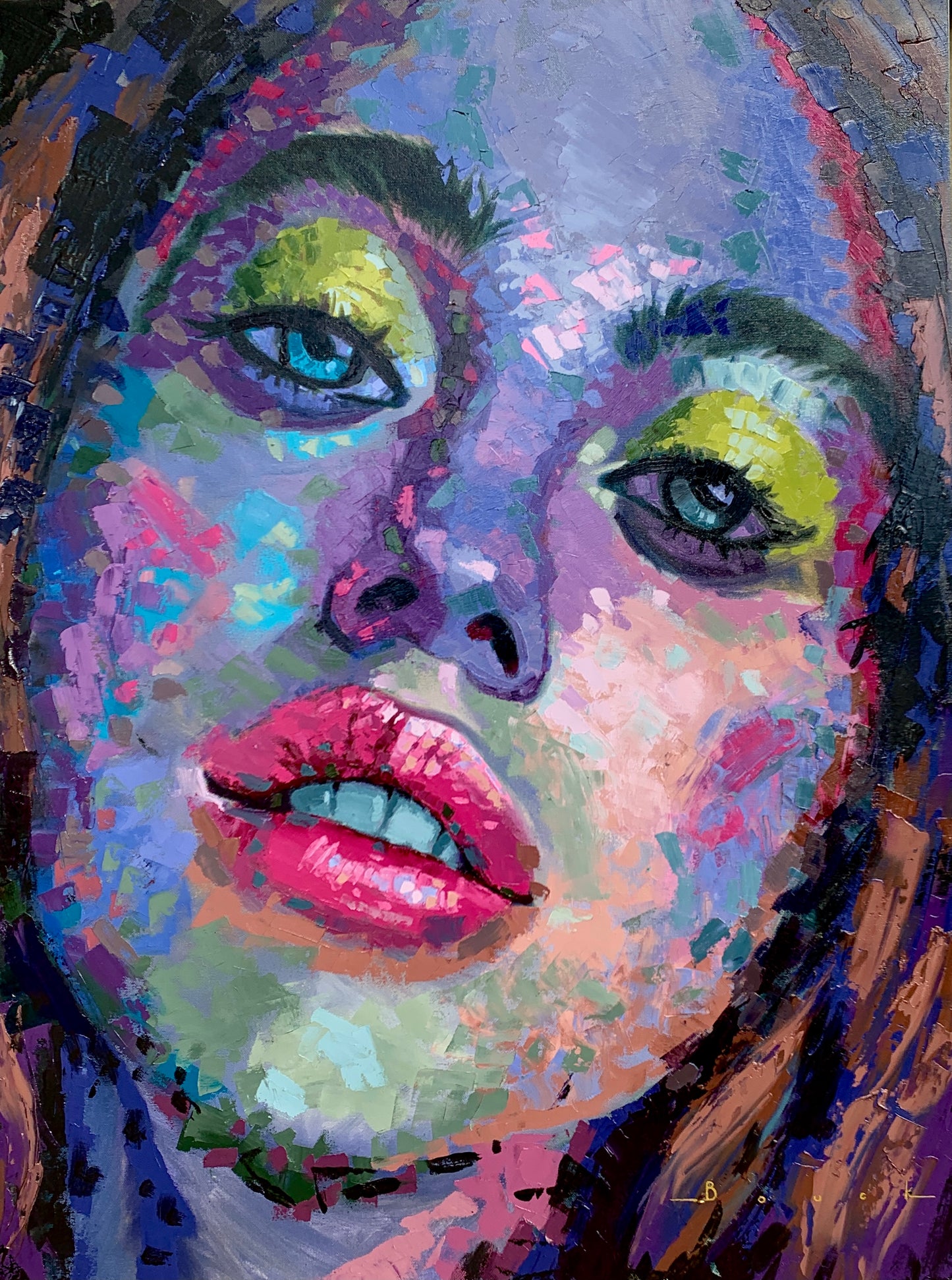 A close-up portrait of a beautiful woman with bright lipstick and green eyeshadow in a purple color scheme.