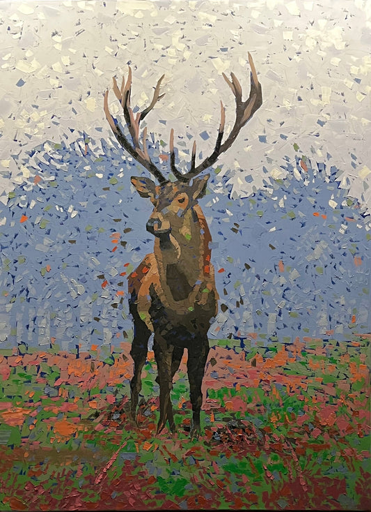 oil paint blue trees mountain red deer western wildlife utah artist open shartter impressionism western wildlife
