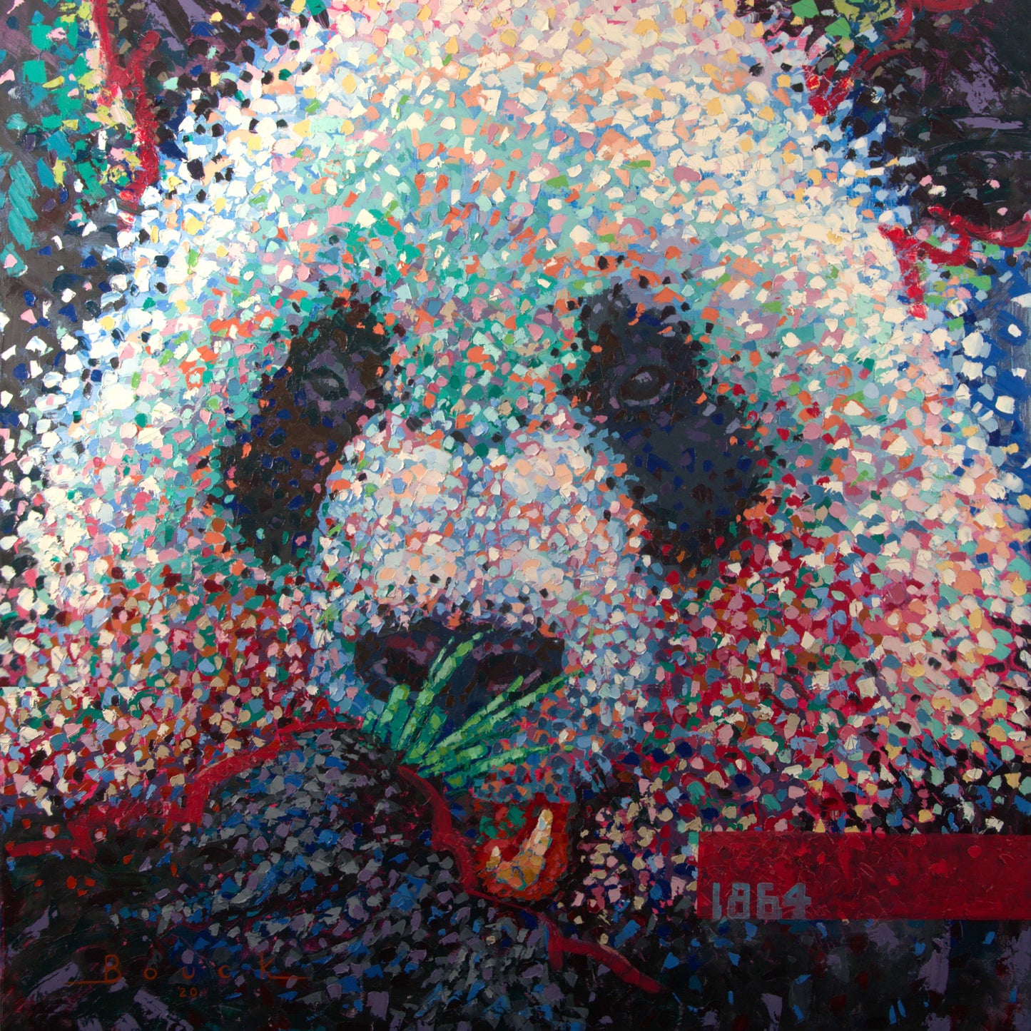 An abstract painting of a panda bear eating bamboo in a colorful mosaic background. Painted in shatter impressionism style with broad colorful strokes