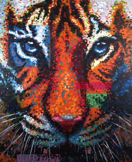 A colorful abstract painting of a tiger's face. Abstract squares of orange, red, and black form a tiger's face.